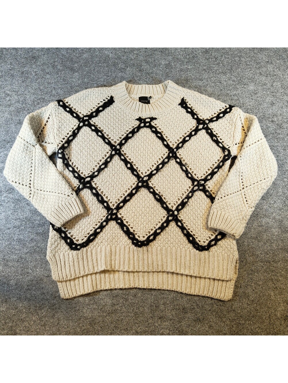 Cliche Cream Beige Black Diamond Lattice Open Knit Crewneck Sweater Size M